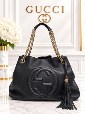 Authentic Gucci Soho Black Leather Chain Shoulder Bag – Gold Hardware